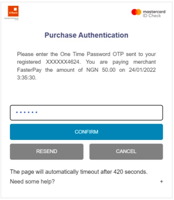 Bank Transfer Nigeria enter OTP